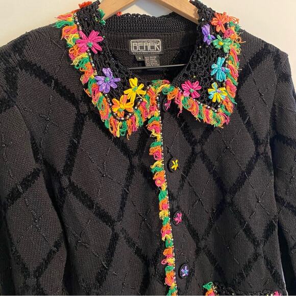 Vintage BEREK 2 Black Beaded Rainbow Floral Cardigan Sweater Small - Picture 10 of 13